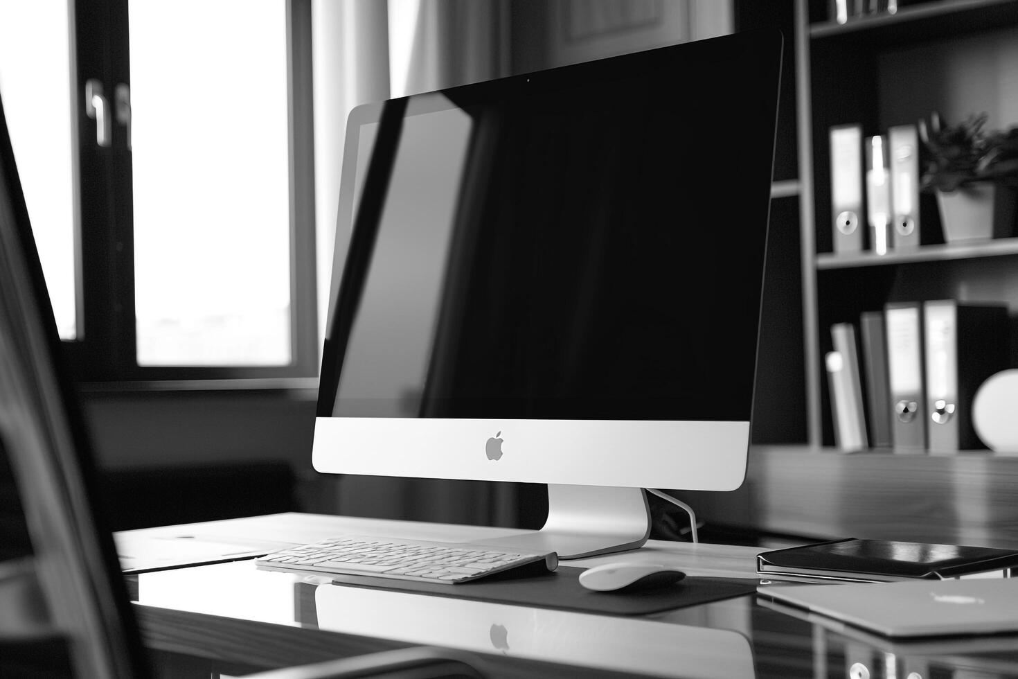 Executive Desktop Computer Mockup with Professional and  Office Background photo