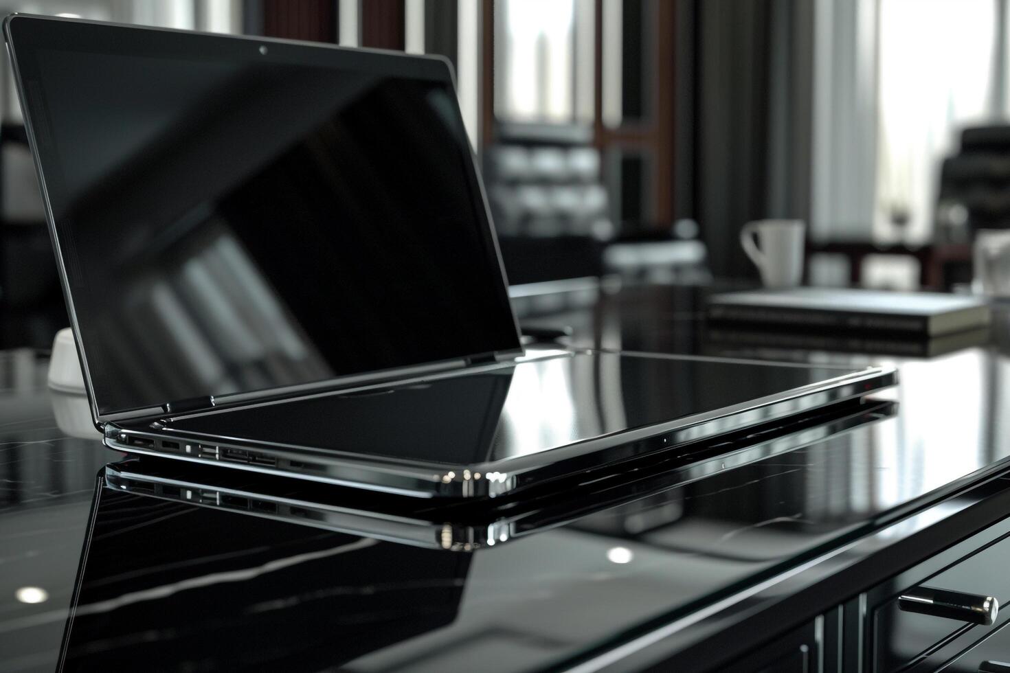 Executive Desktop Computer Mockup with  and  Office Background photo