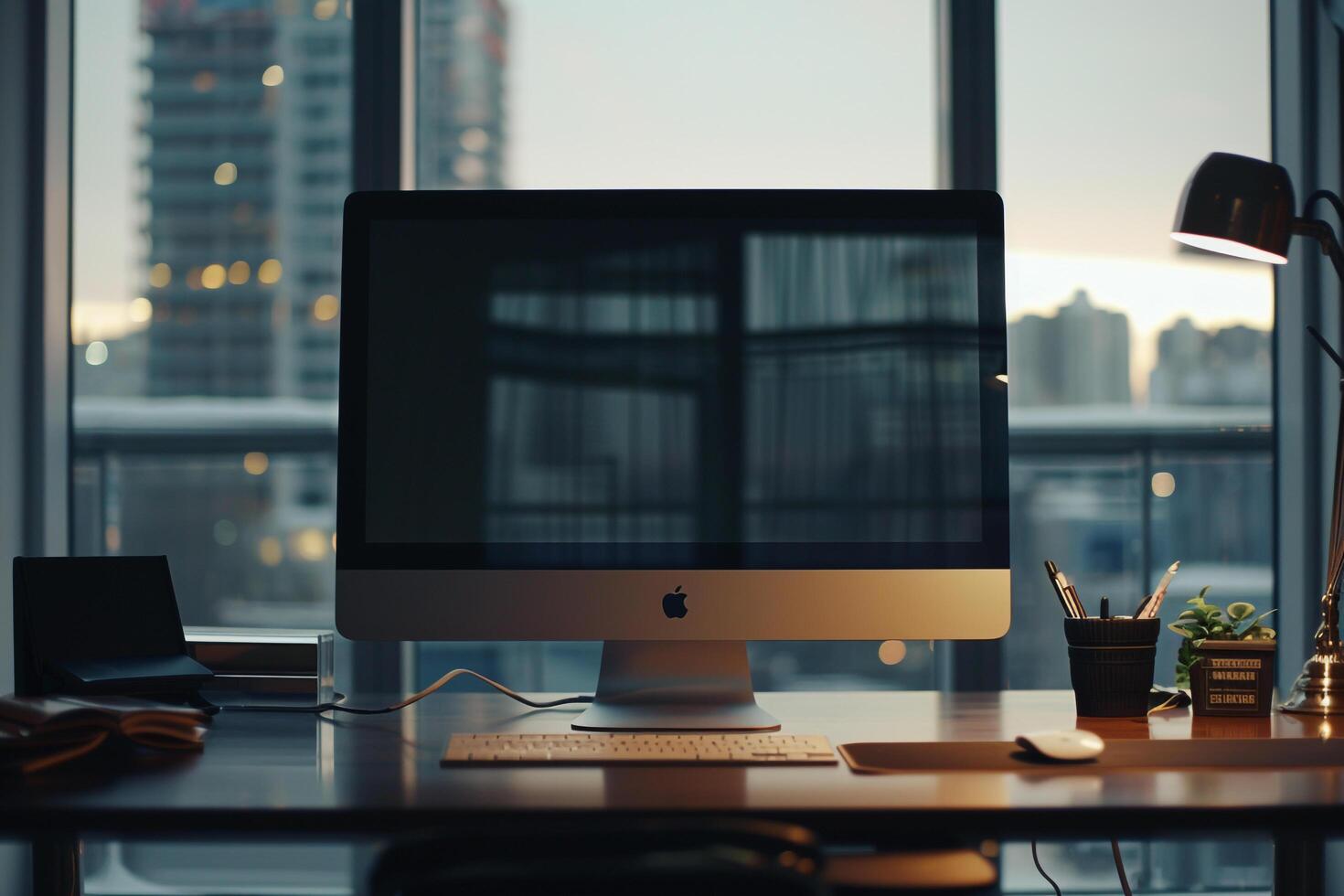 Executive Desktop Computer Mockup with HighEnd Office Background photo