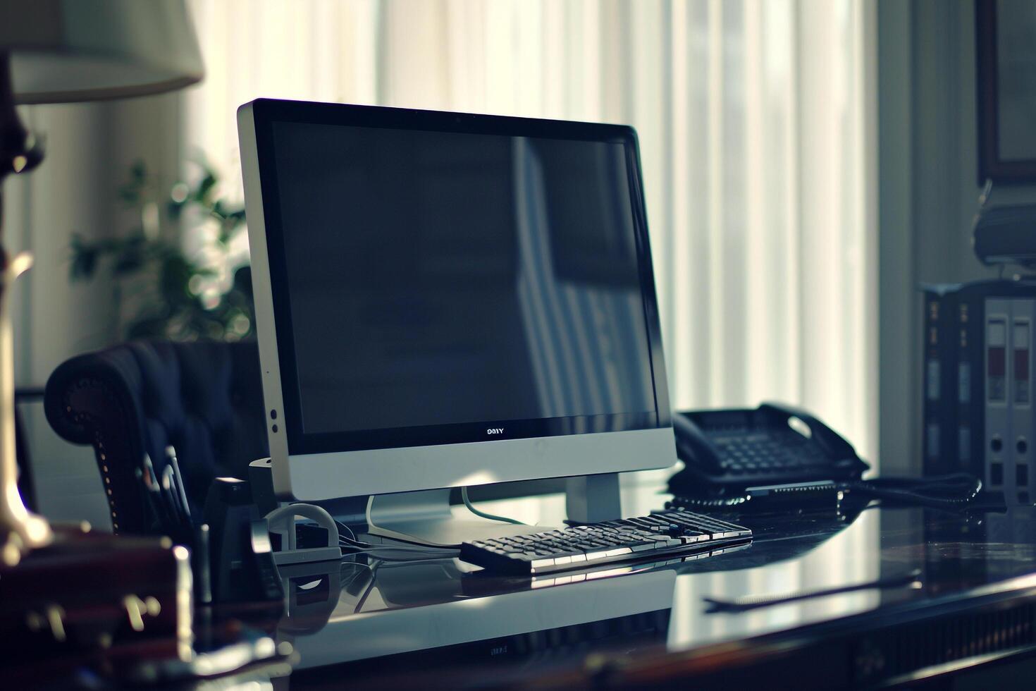 Executive Desktop Computer Mockup with  Office Background photo