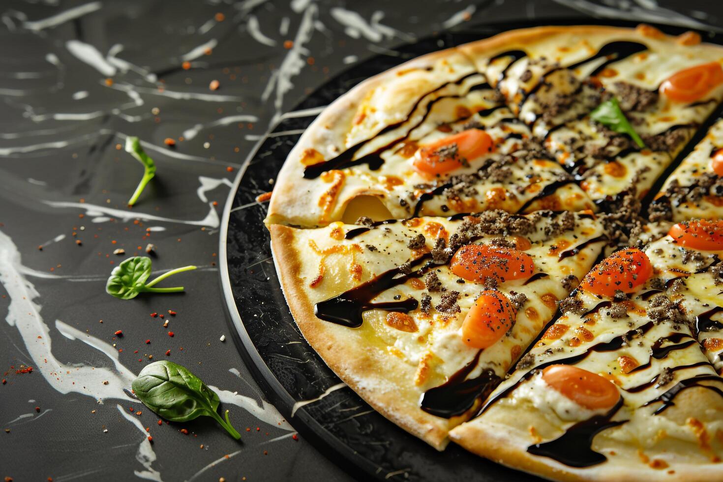 Luxurious Gourmet Pizza with Truffle Oil on  Marble Table Gourmet Dining photo