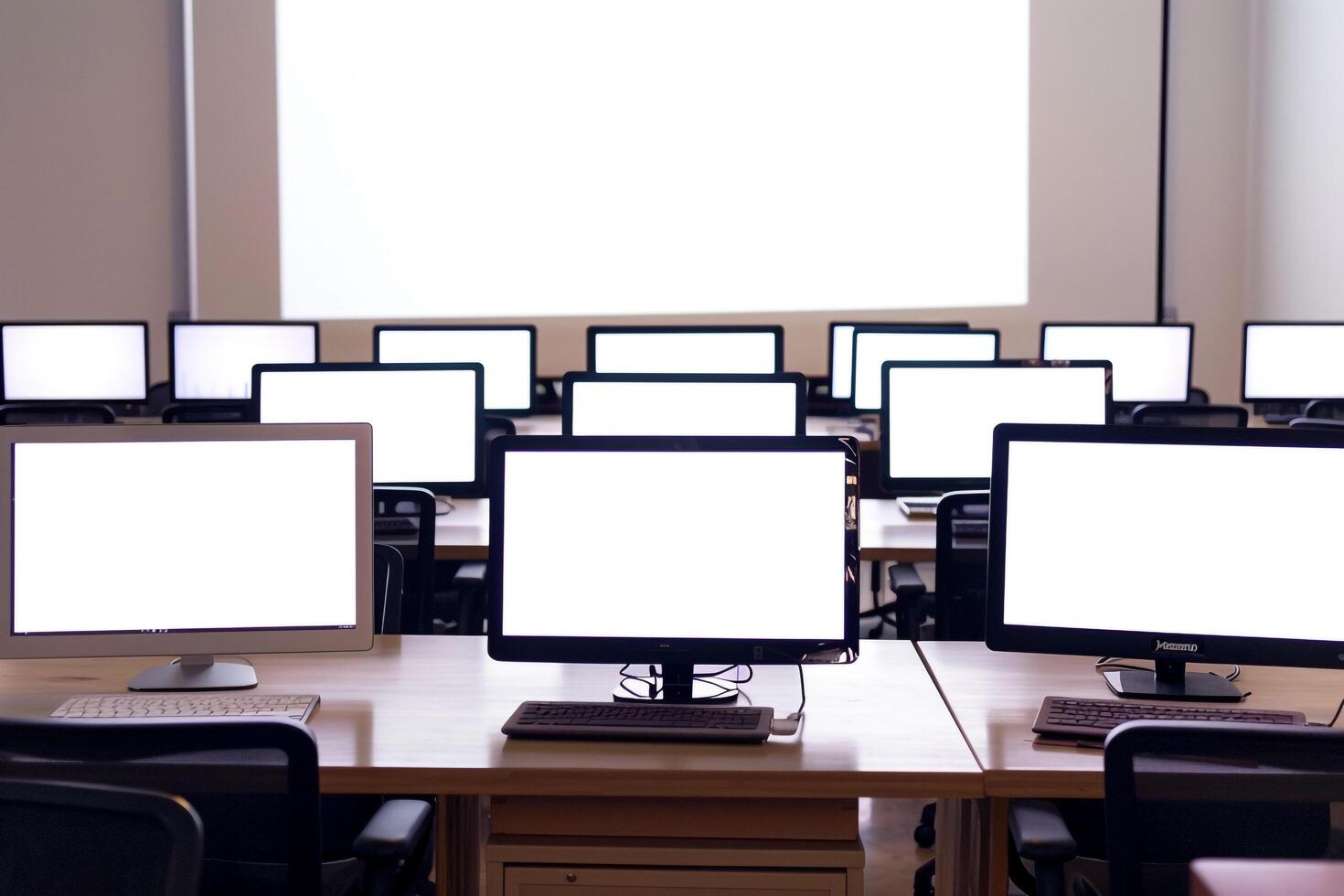 Professional Conference Room with Laptops and Business Mockups Background photo