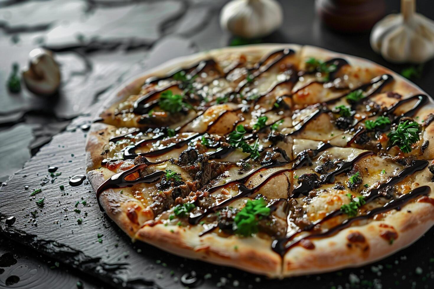 Gourmet Pizza with Truffle Oil on White Marble Table Fine Dining Presentation photo