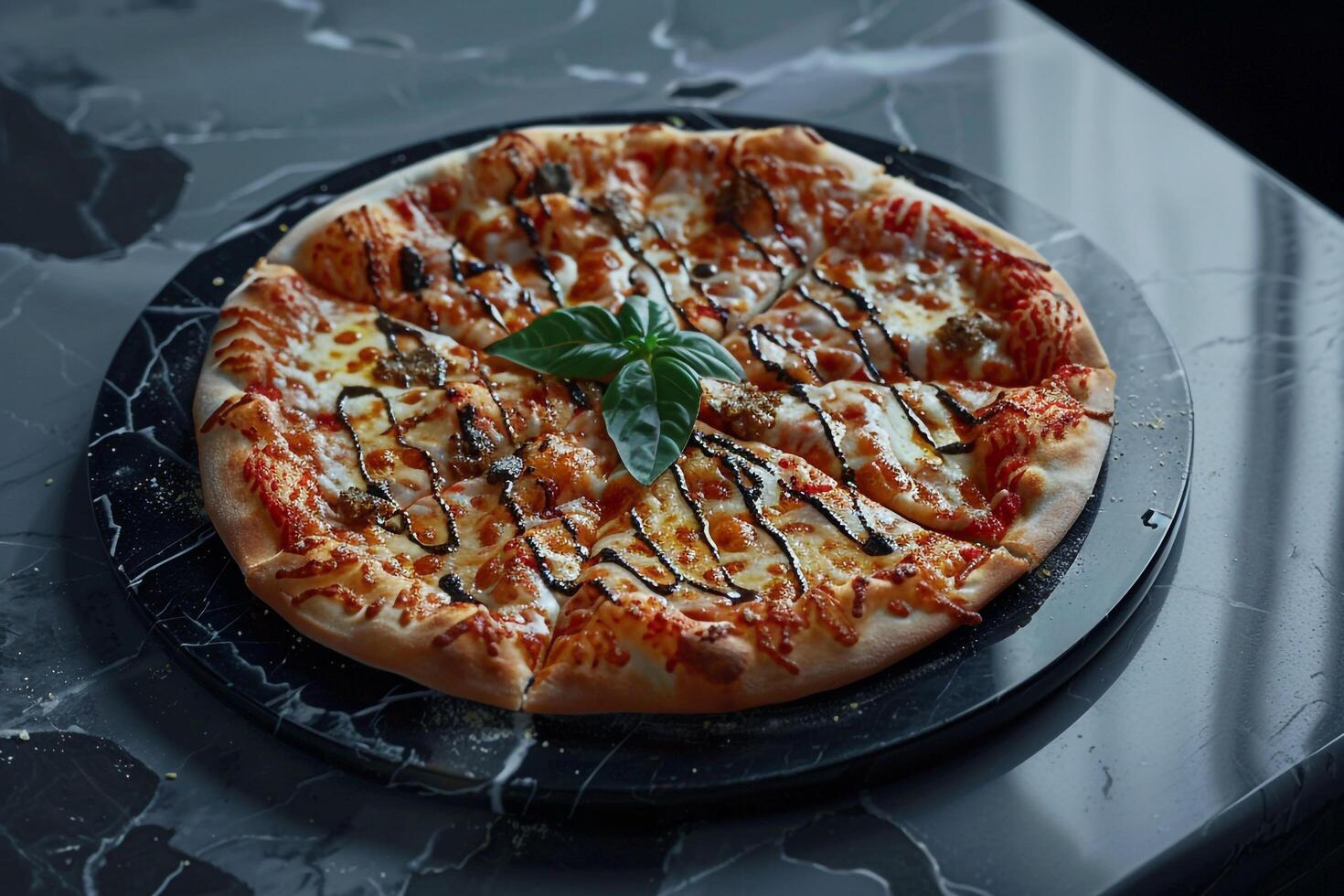 Upscale Gourmet Pizza with Truffle Oil Drizzle on  Marble Table Background photo