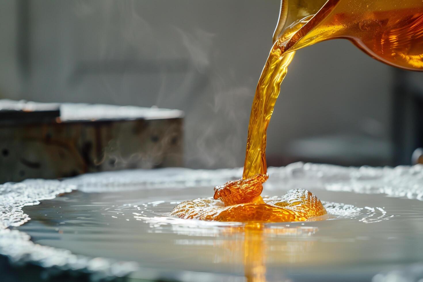 Artisan Pouring Molten Glass into Water Filled M Capturing the Glassmaking Process photo