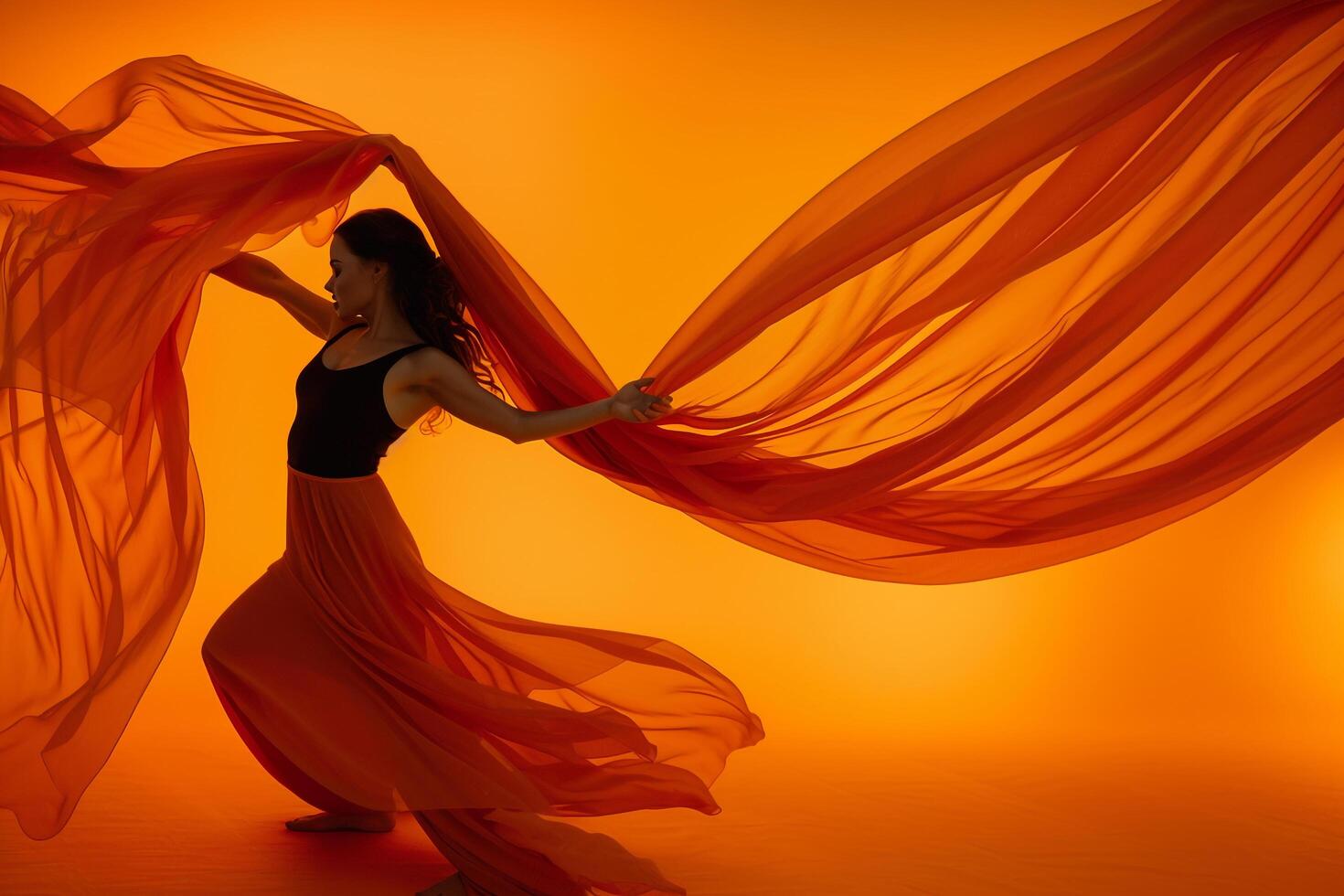 Woman Dancing with Flowing Fabric in Artistic Movement photo
