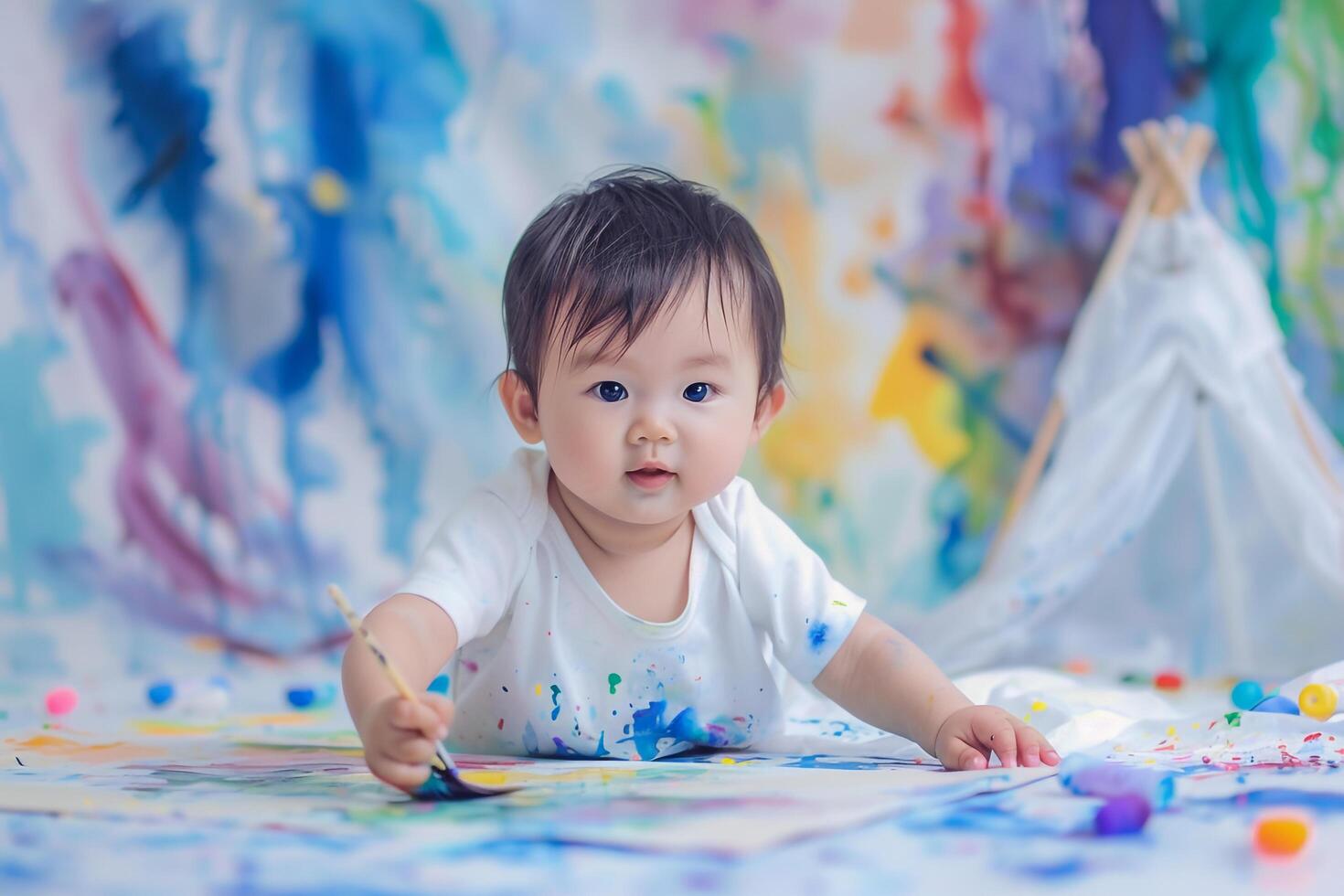 Baby Painting with Water s on Blank Canvas photo
