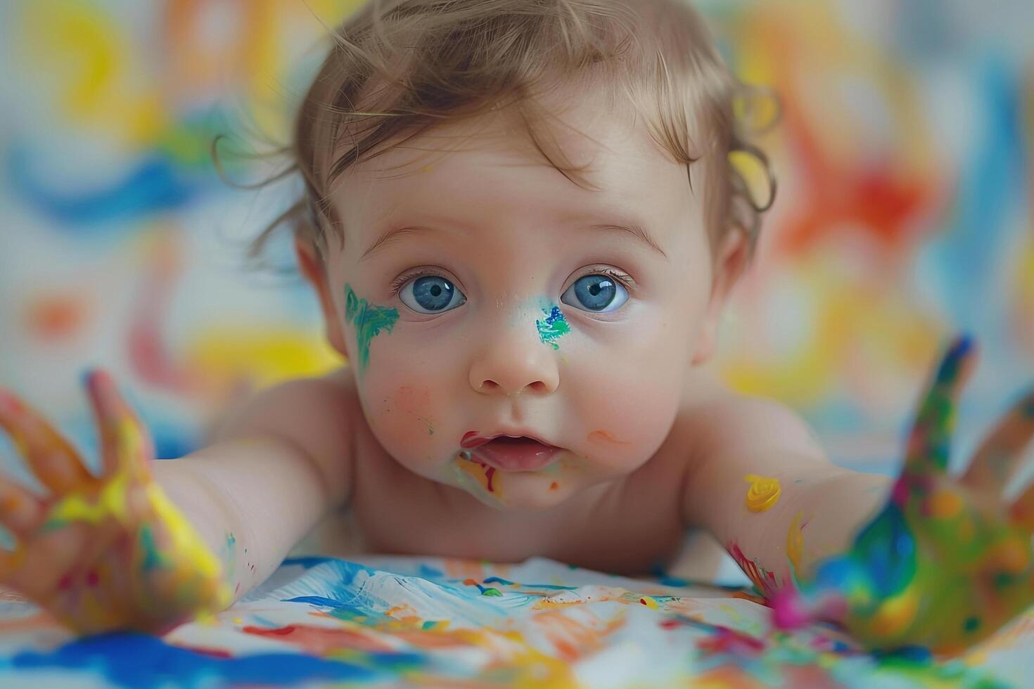 Baby engaged in  finger painting exploring textures and s joyful and messy art session background photo