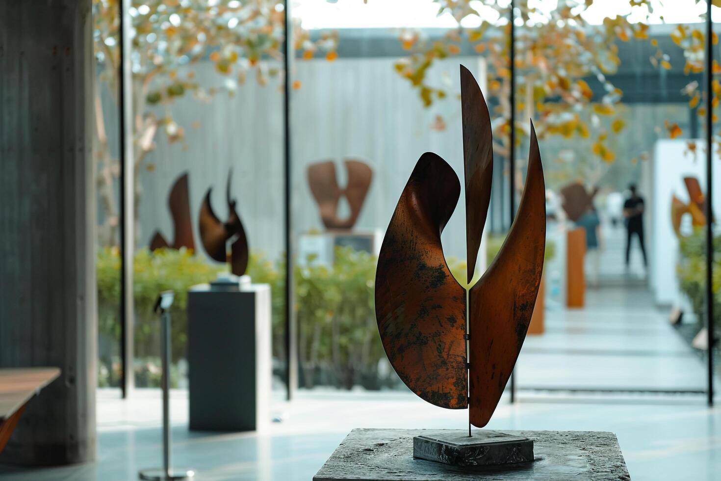 Contemporary Sculpture Garden with art installations in museum photo