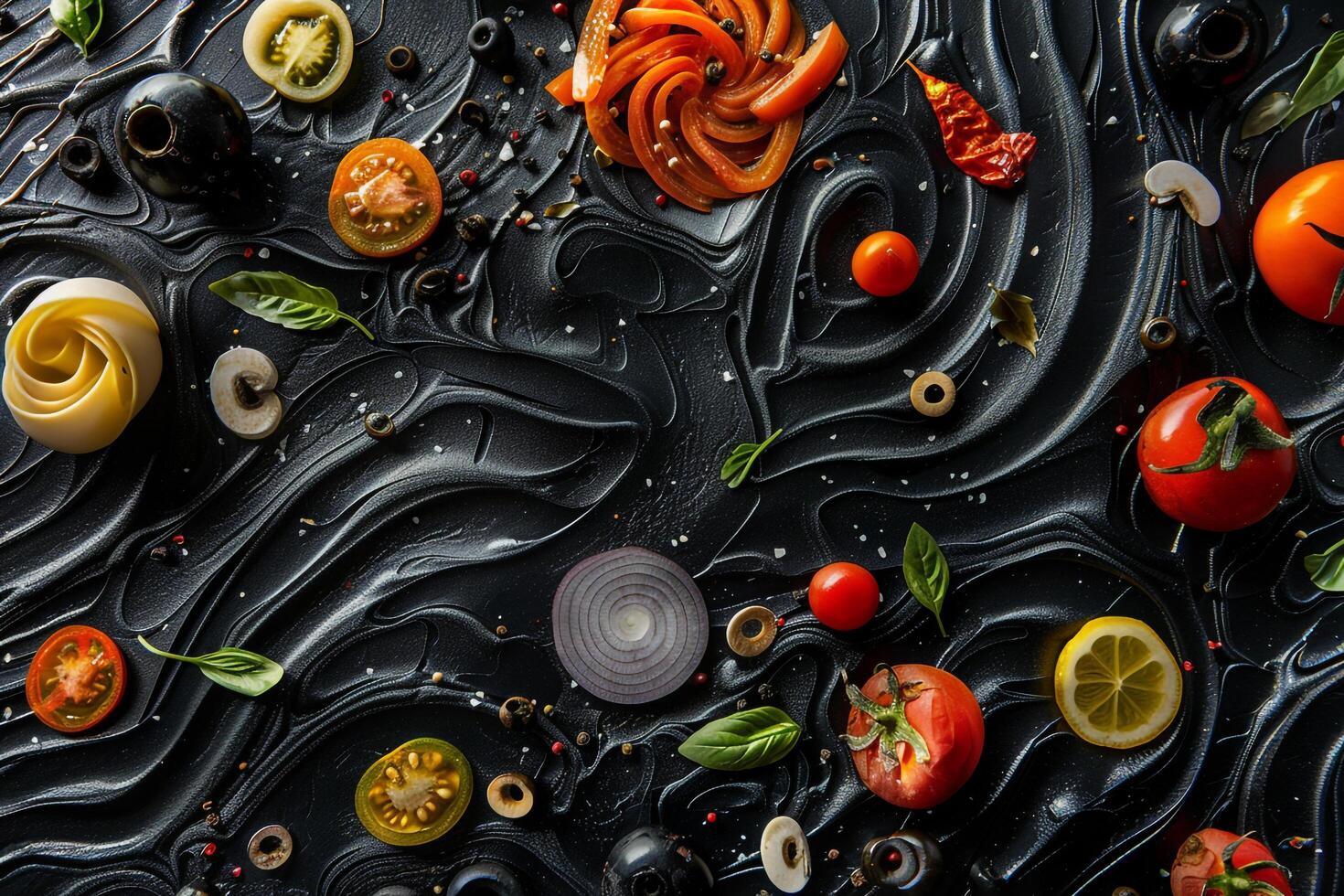 Pizza Ingredients Artfully Arranged on  Textured Surface photo