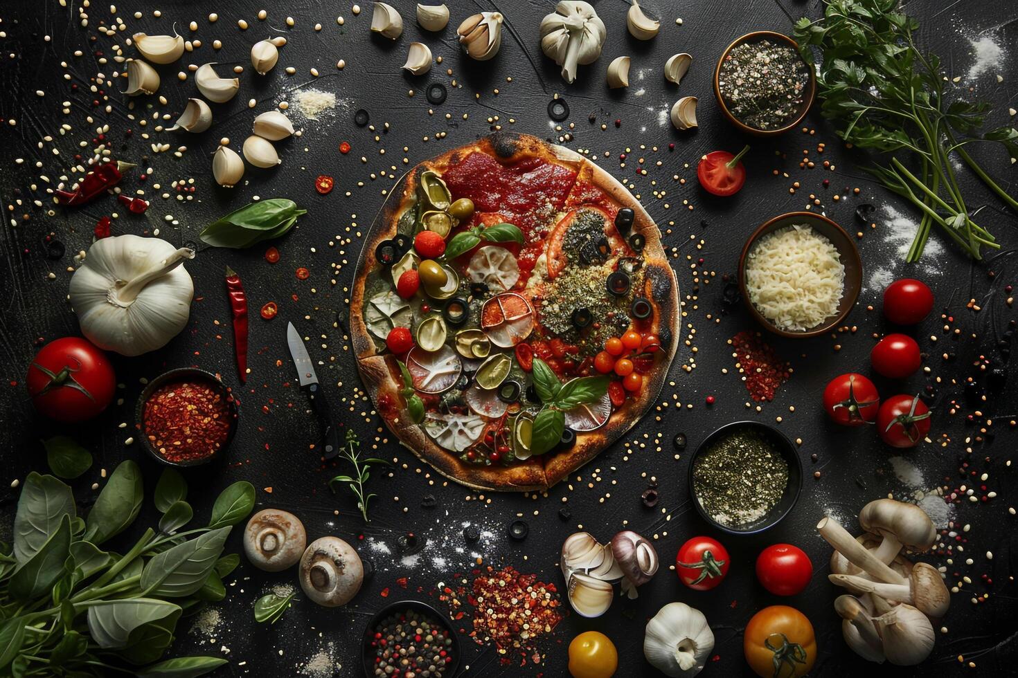 Assorted pizza ingredients arranged on a textured background photo