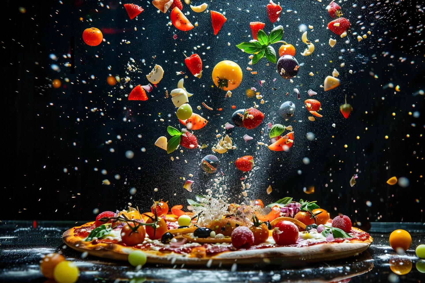 Pizza Ingredients Suspended in Air with Dynamic Splashes photo