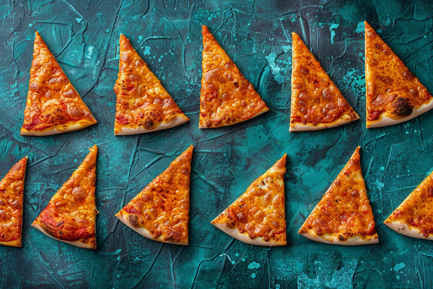 Asymmetrical arrangement of pizza slices on a teal textured background photo