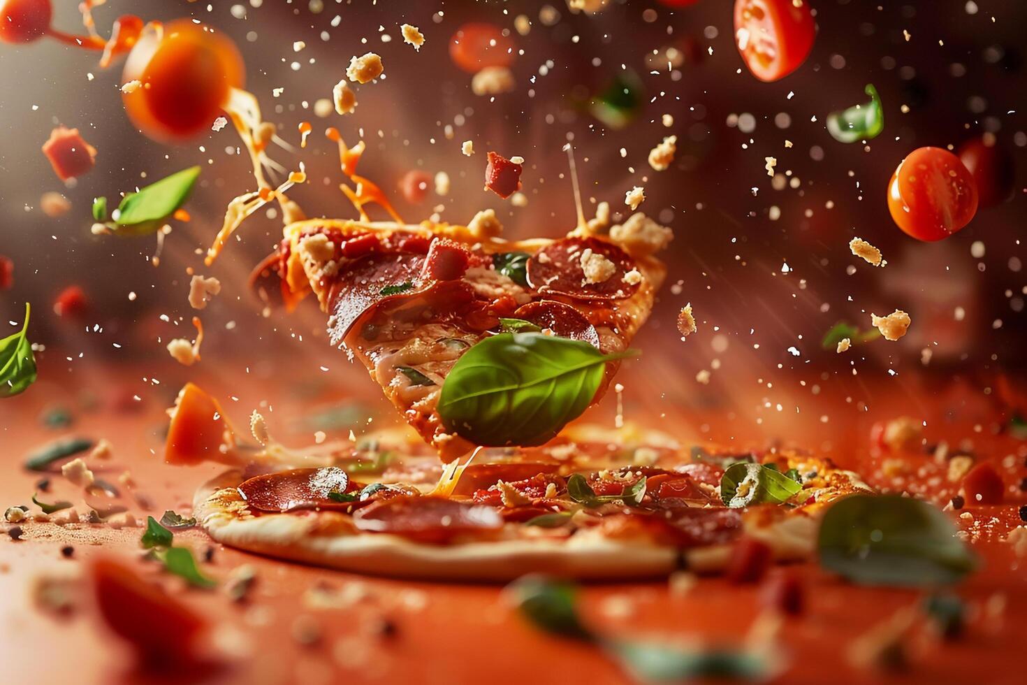 Pizza ingredients mid air with sauce splashes captured in action background photo