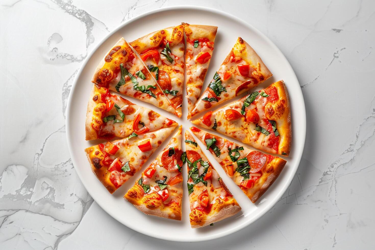 Pizza slices arranged in a circular pattern on a ceramic plate photo