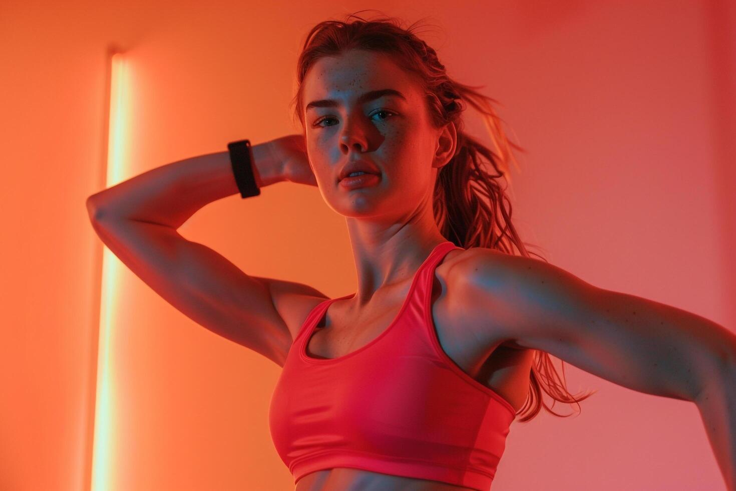 Woman in Coral Pink Activewear Running in Park Background photo
