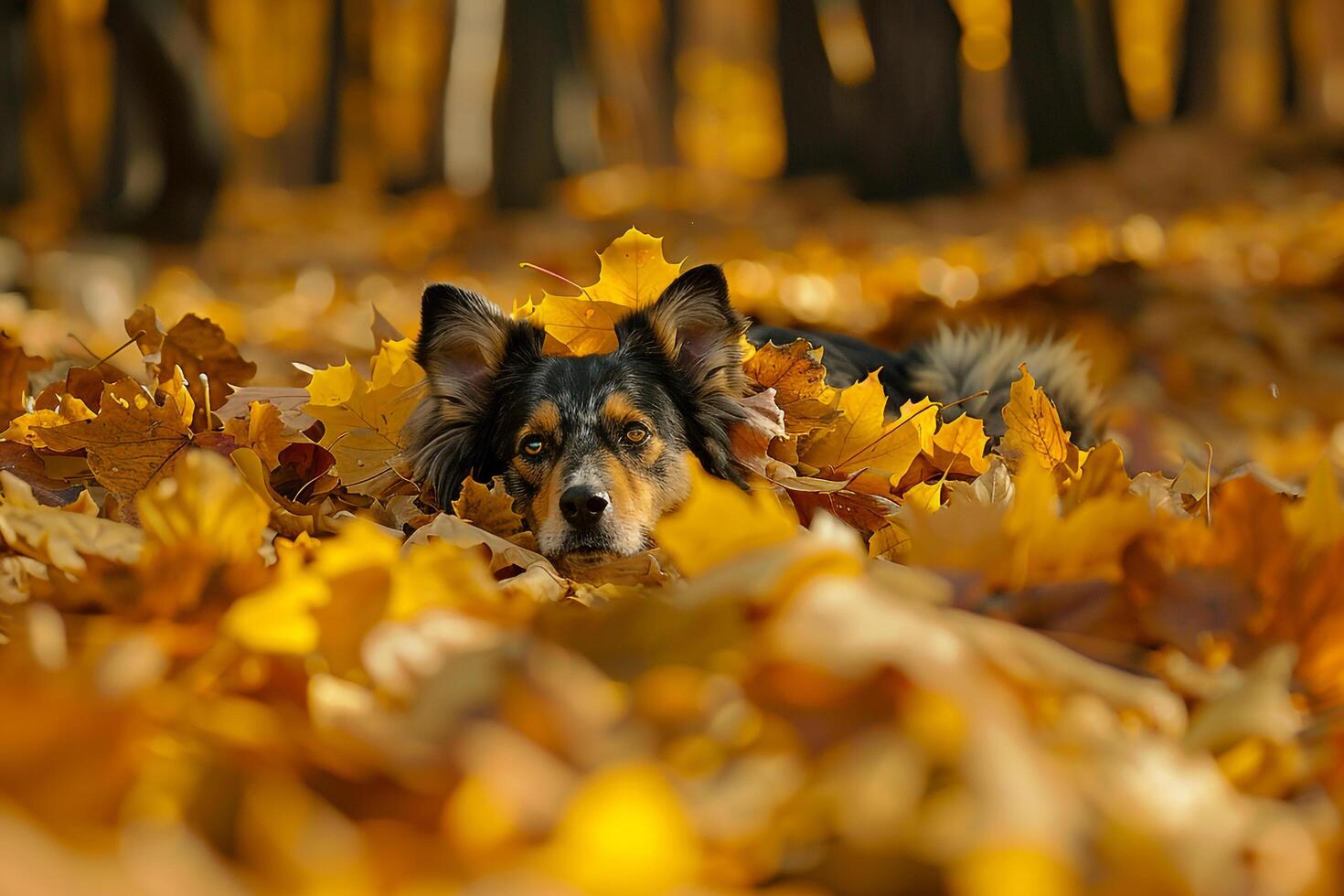 Energetic Dog Playing in a Pile of Autumn Leaves at a Park photo