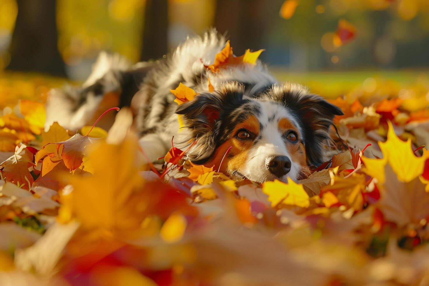 Dog playing in a pile of autumn leaves in a park photo