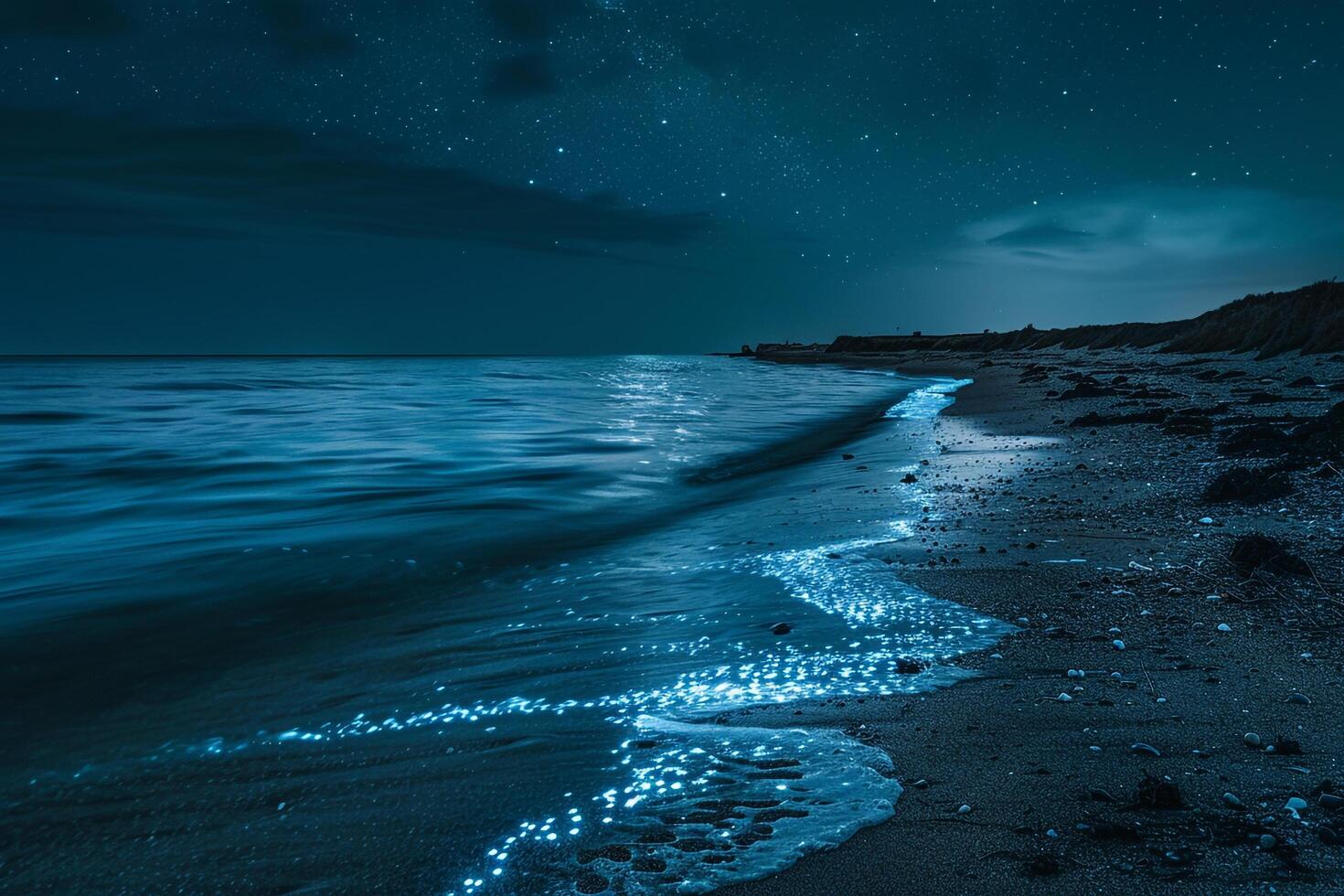 Bioluminescent Algae Illuminating the Shoreline Under a Starry Night Sky for a Magical Coastal Experience photo