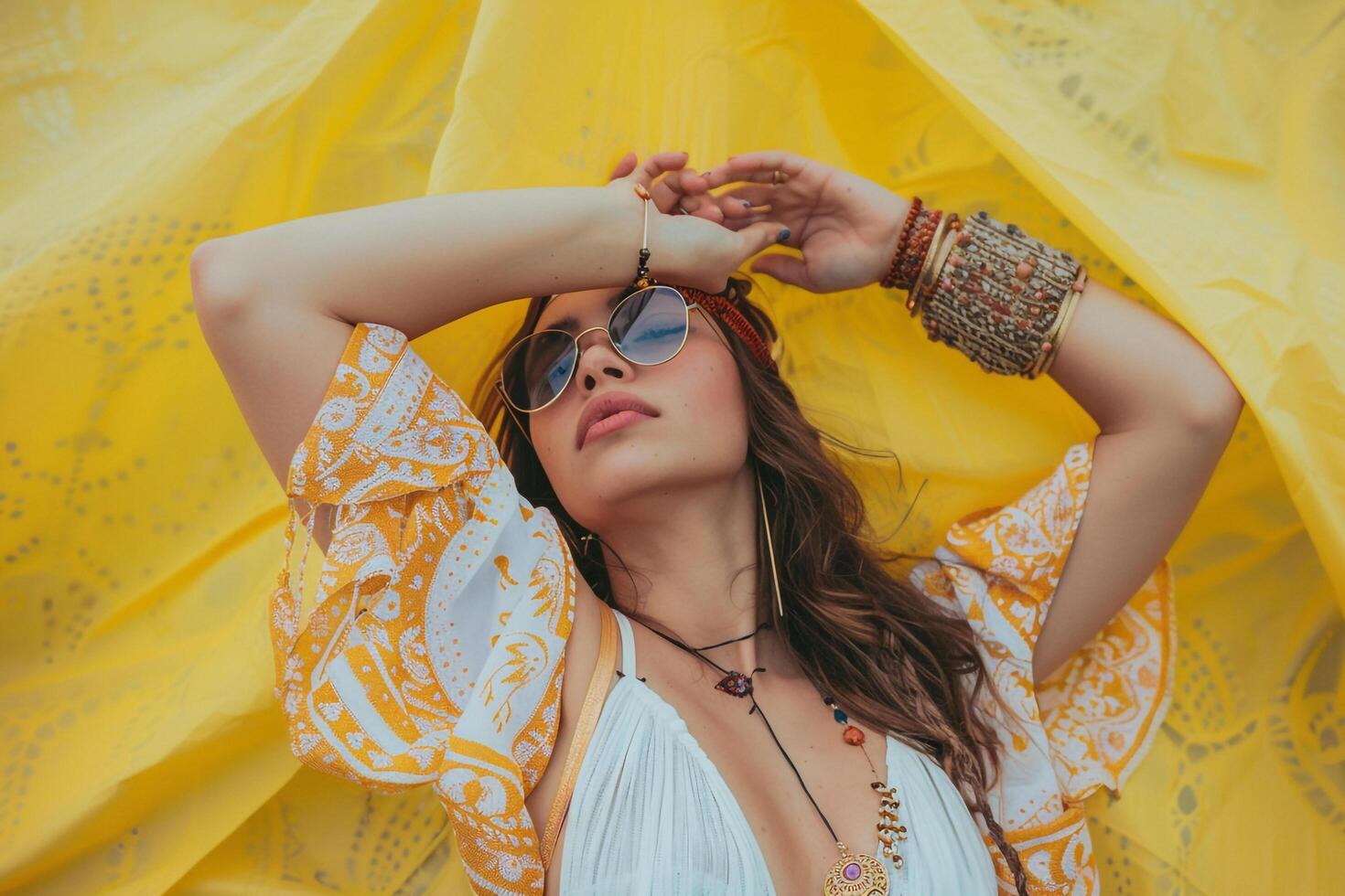Woman in Eclectic Boho Chic Outfit Posing with Mustard Yellow Background photo