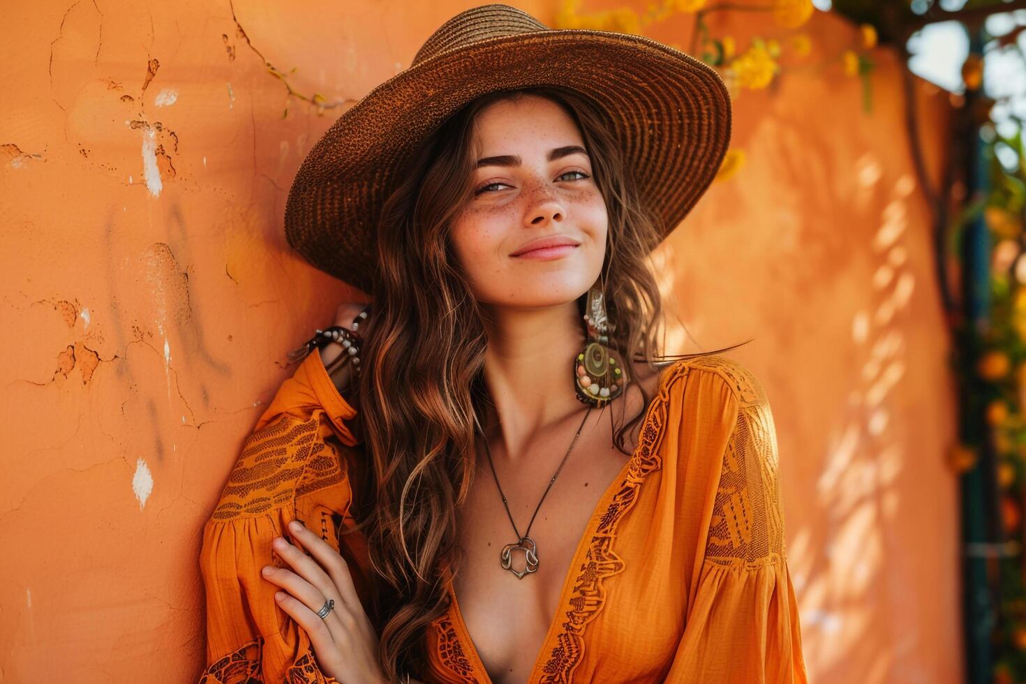Woman in Free Spirited Boho Chic Outfit with Rust Background Featuring an Artistic and Trendy Style photo