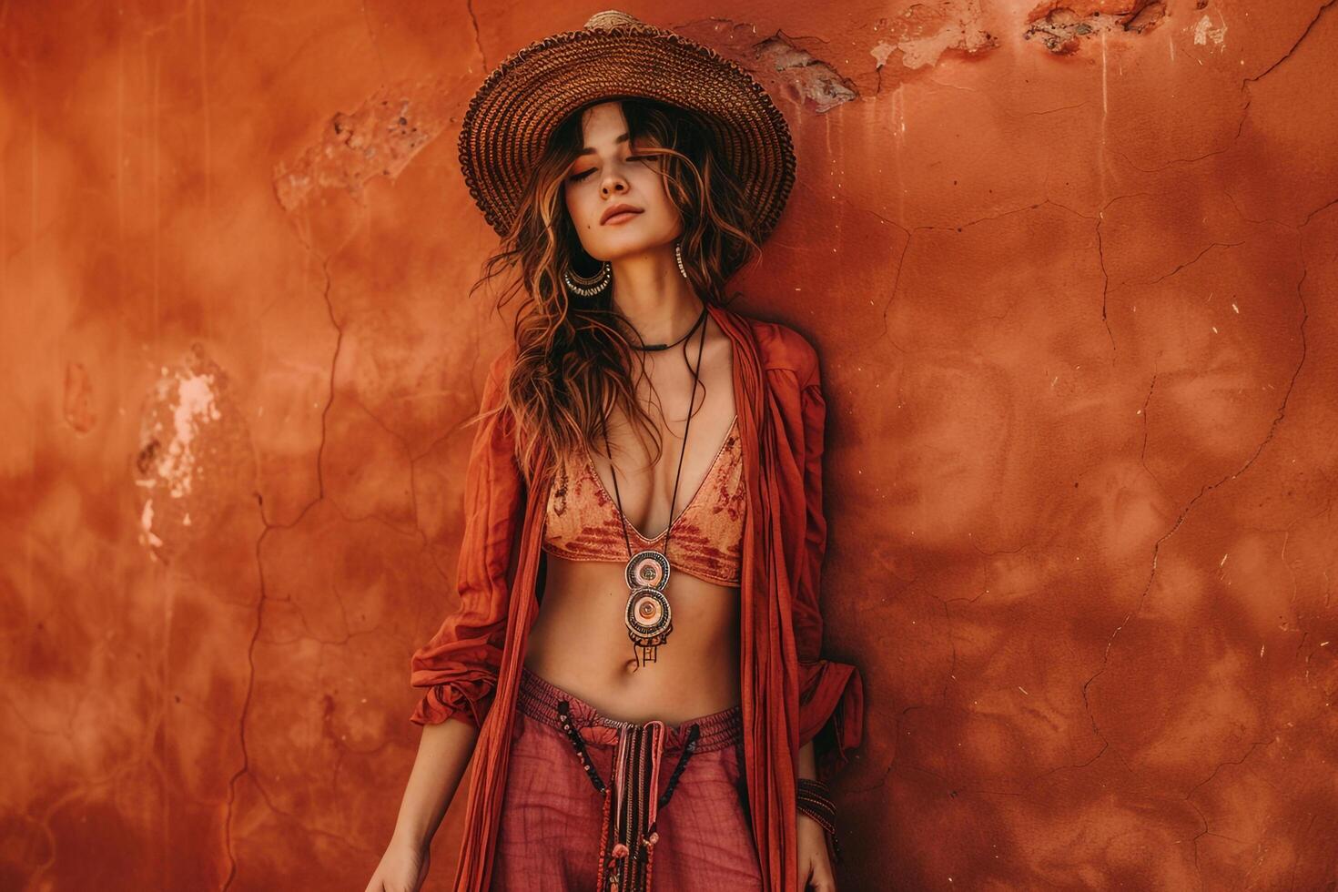 Woman in Free Spirited Boho Chic Outfit with Rust Background Showcasing an Artistic Fashion Statement photo