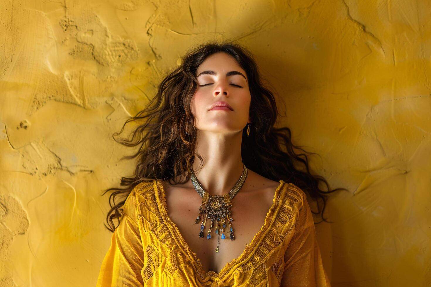 Woman in Boho Chic Attire with Textured Mustard Background photo