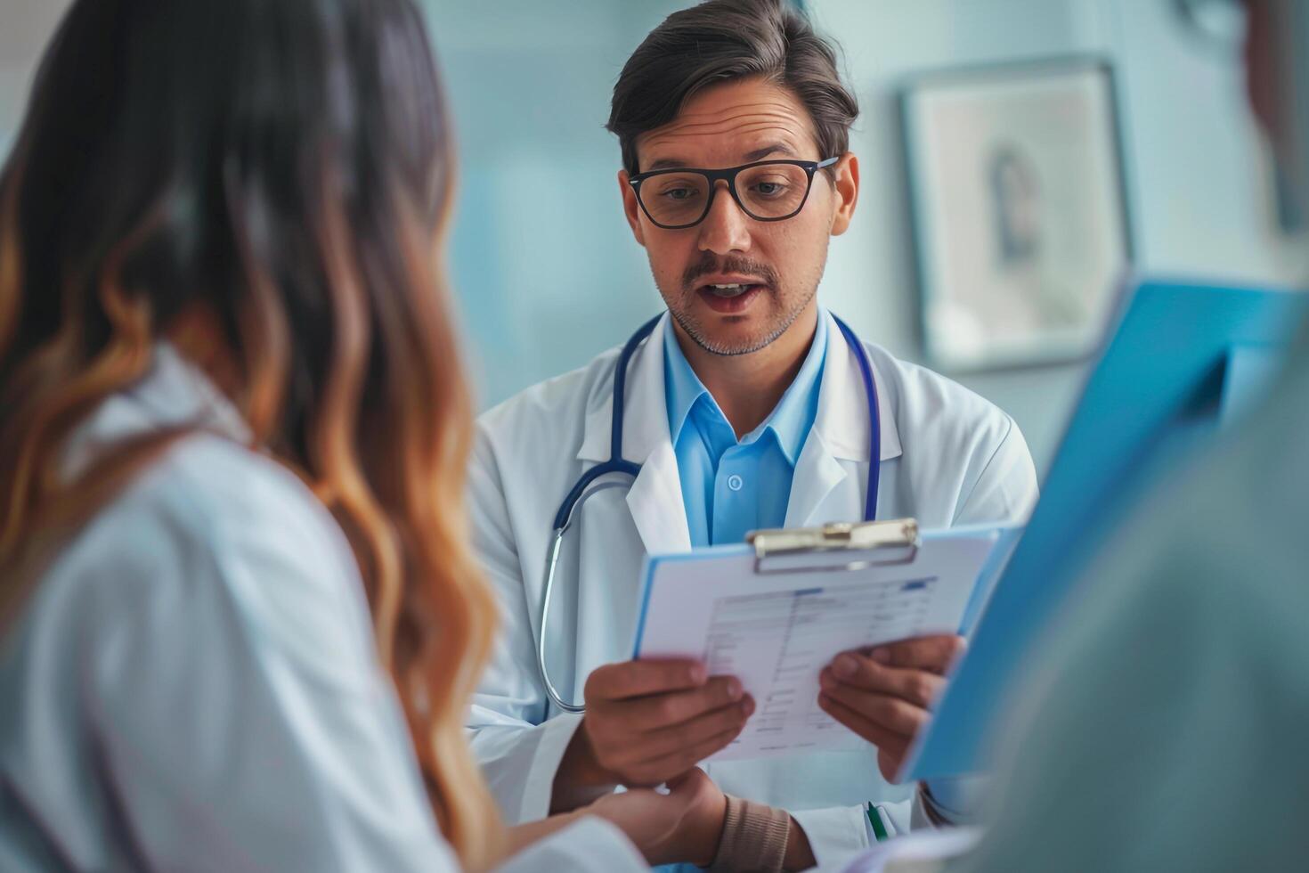 Doctor Engaged with Patients Chart  Blue photo