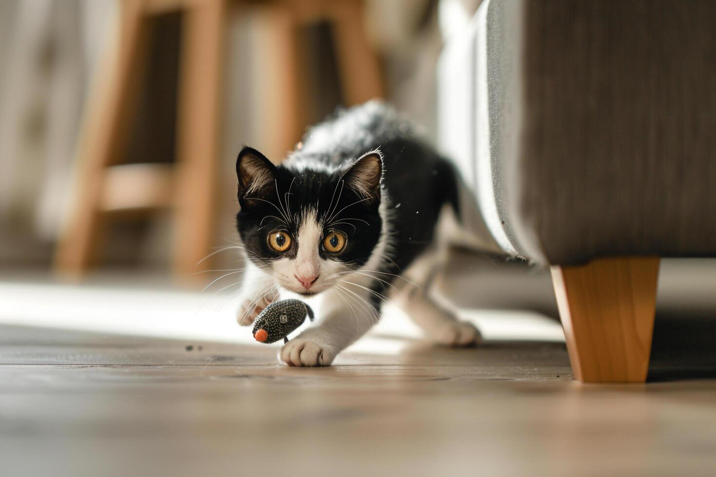 and White Cat Chasing Toy Mouse Under Furniture in Lively Indoor Background photo