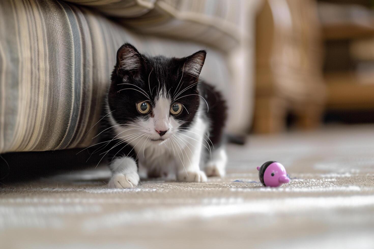 and White Cat Chasing Toy Mouse Under Furniture in a Dynamic Indoor Background photo
