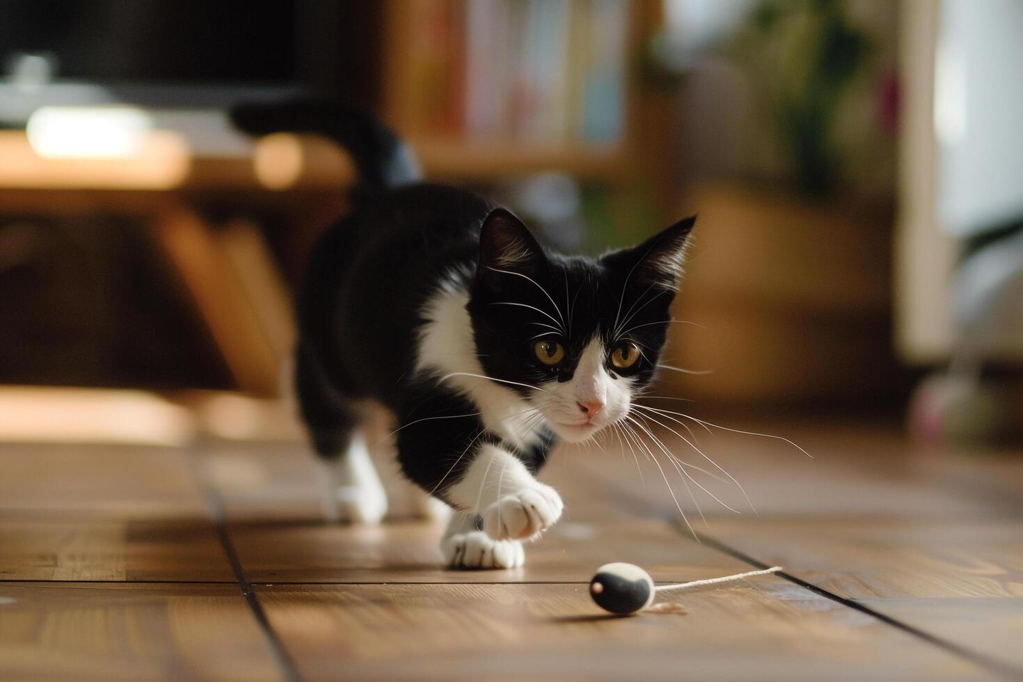 and White Cat Chasing Toy Mouse Under Furniture in a Playful Indoor photo