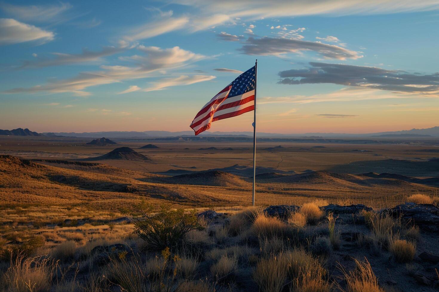 American Flag Flying Against Dramatic Sky Over Vast Desert Landscape photo