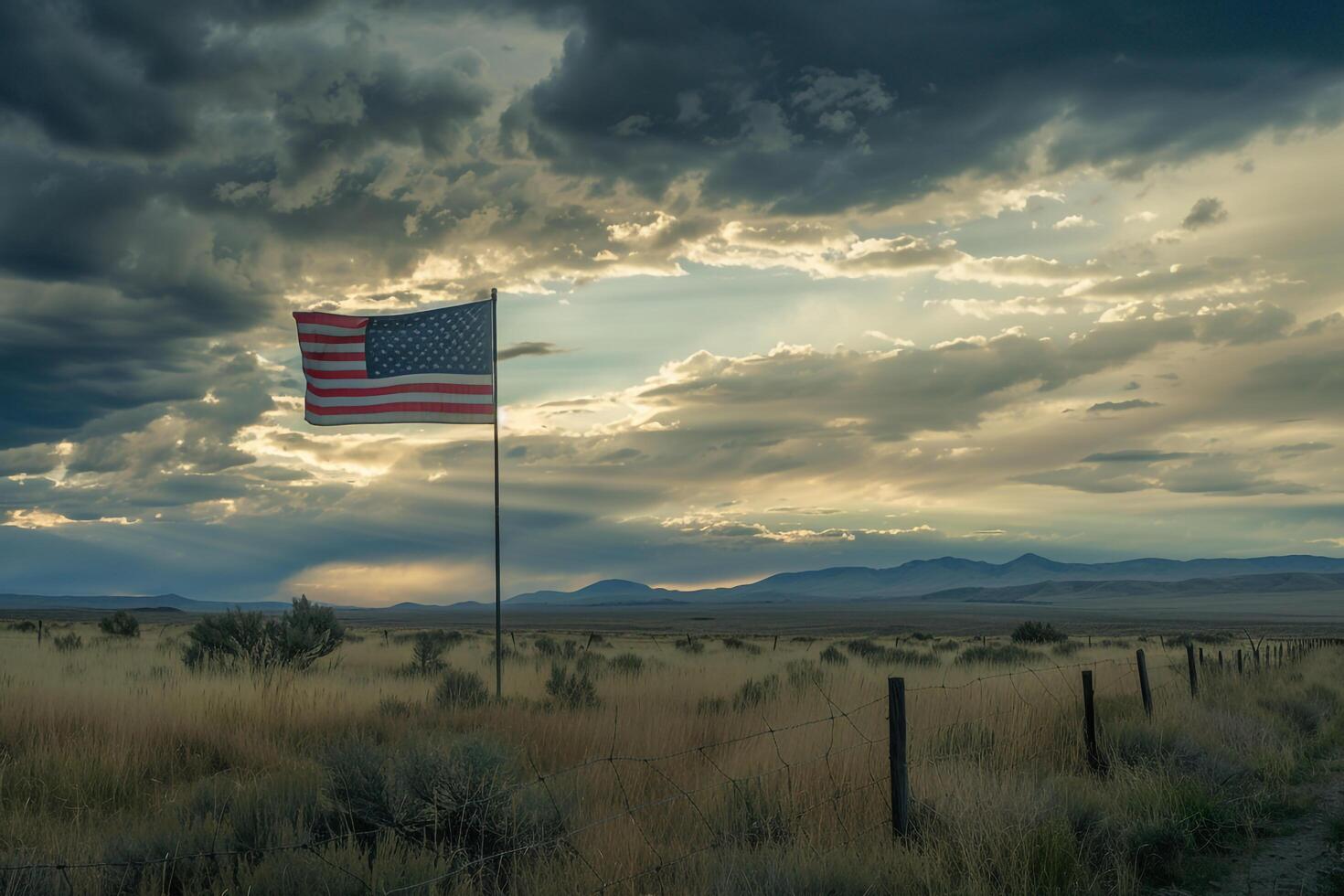 American Flag Waving in Dramatic Sky Over National Park with Majestic Background photo
