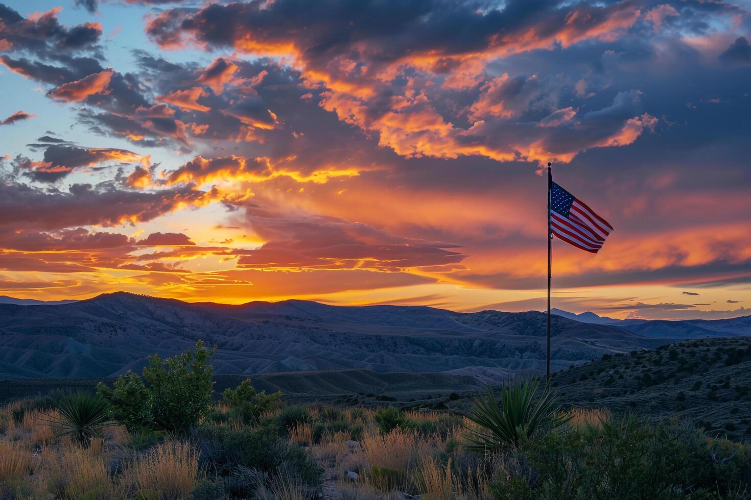 American Flag Flying Against Dramatic Sky Over National Park with Expansive photo
