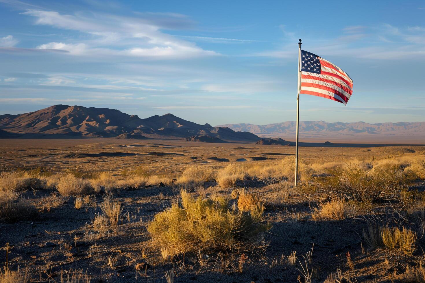 American Flag Waving Over Vast Desert Landscape with Dramatic Horizon photo