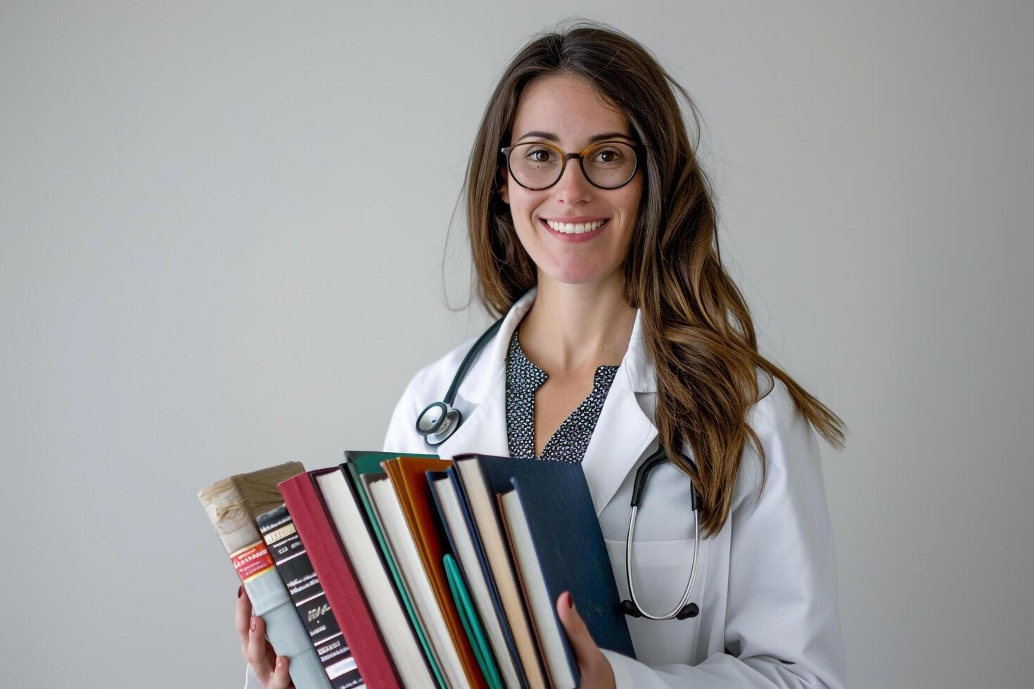 Female Doctor with Medical Books in a White Background with Professional photo