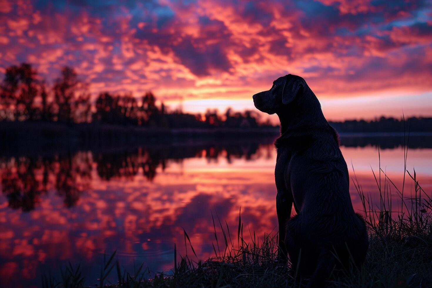 Dog by Reflective Pond at Sunset with Scenic Sky Background photo