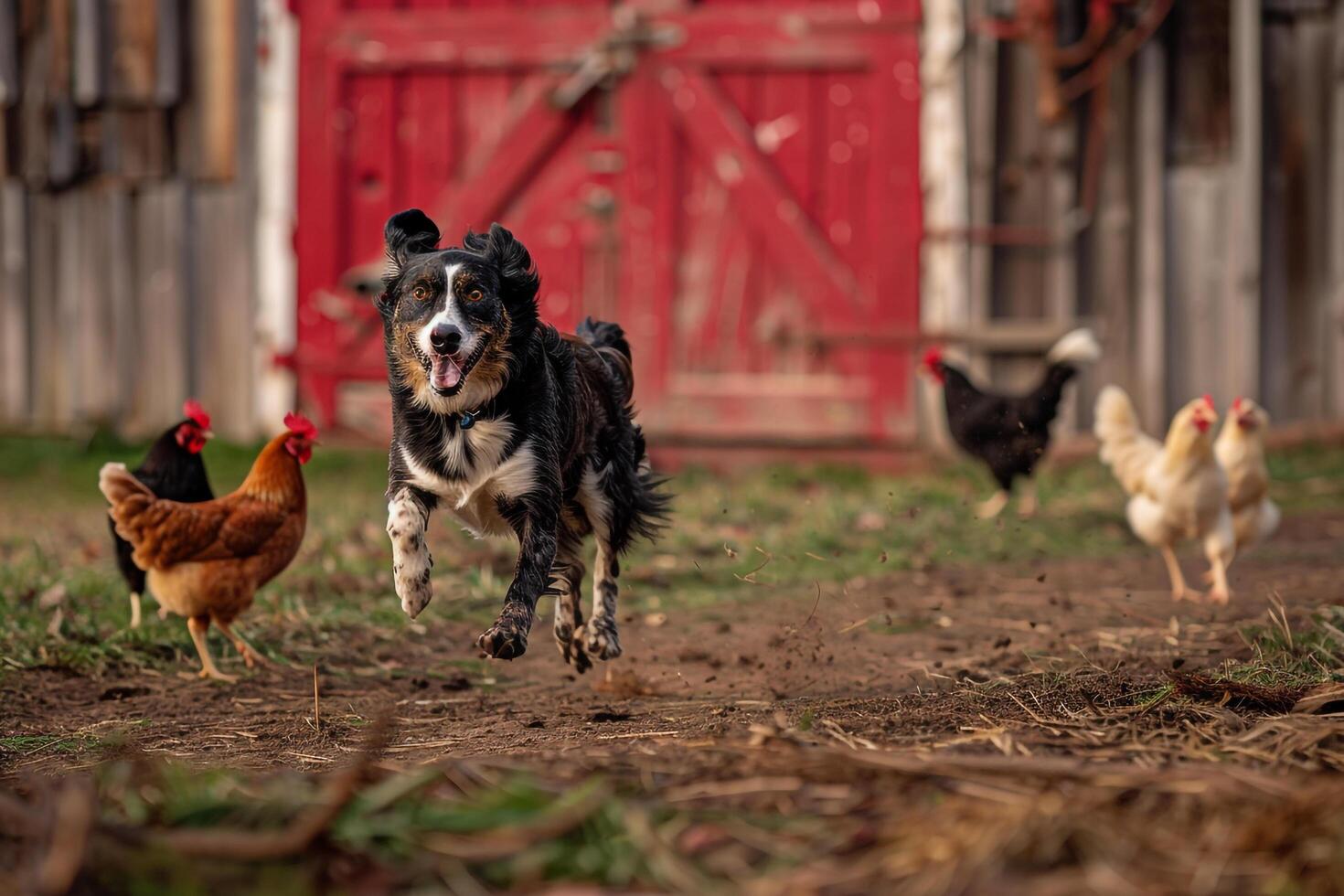 Playful Dog Chasing Chickens in Rustic Farmyard with Red Barn  Background photo