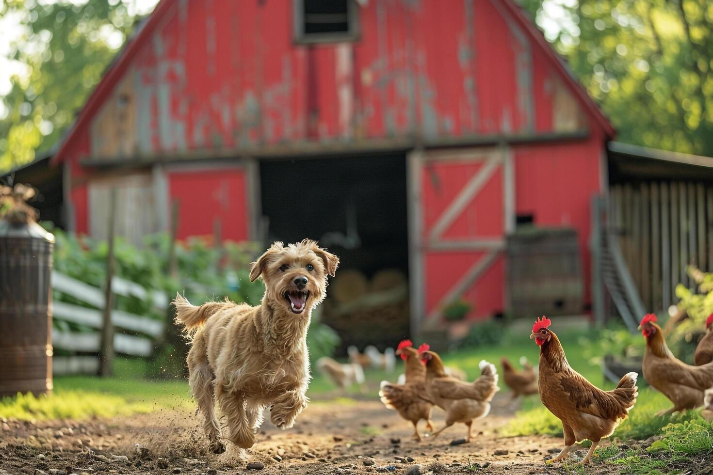 Playful Dog Chasing Chickens in Rustic Farmyard with Red Barn  Background photo