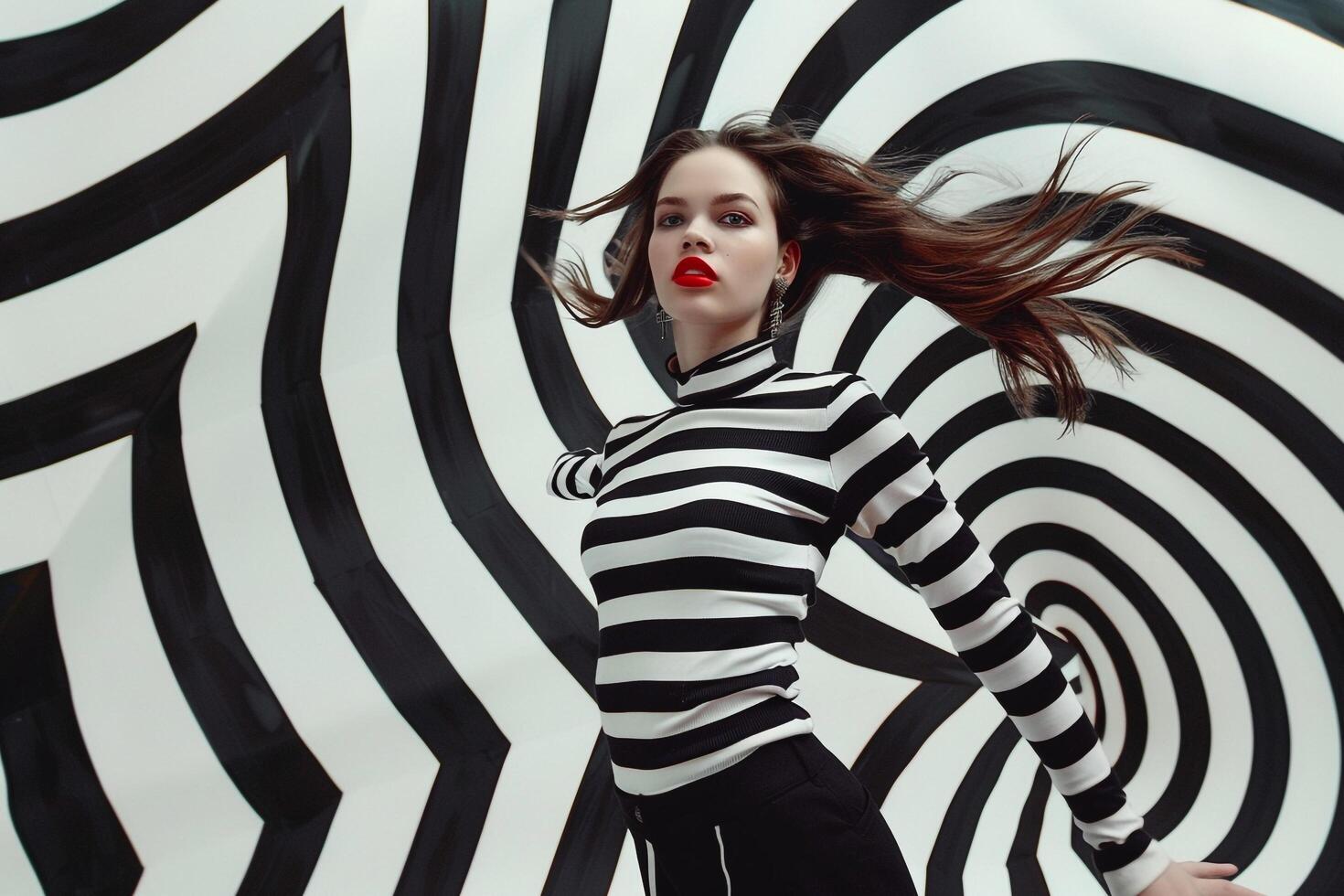 Model in Avant Garde Outfit with  and White Stripes Background photo