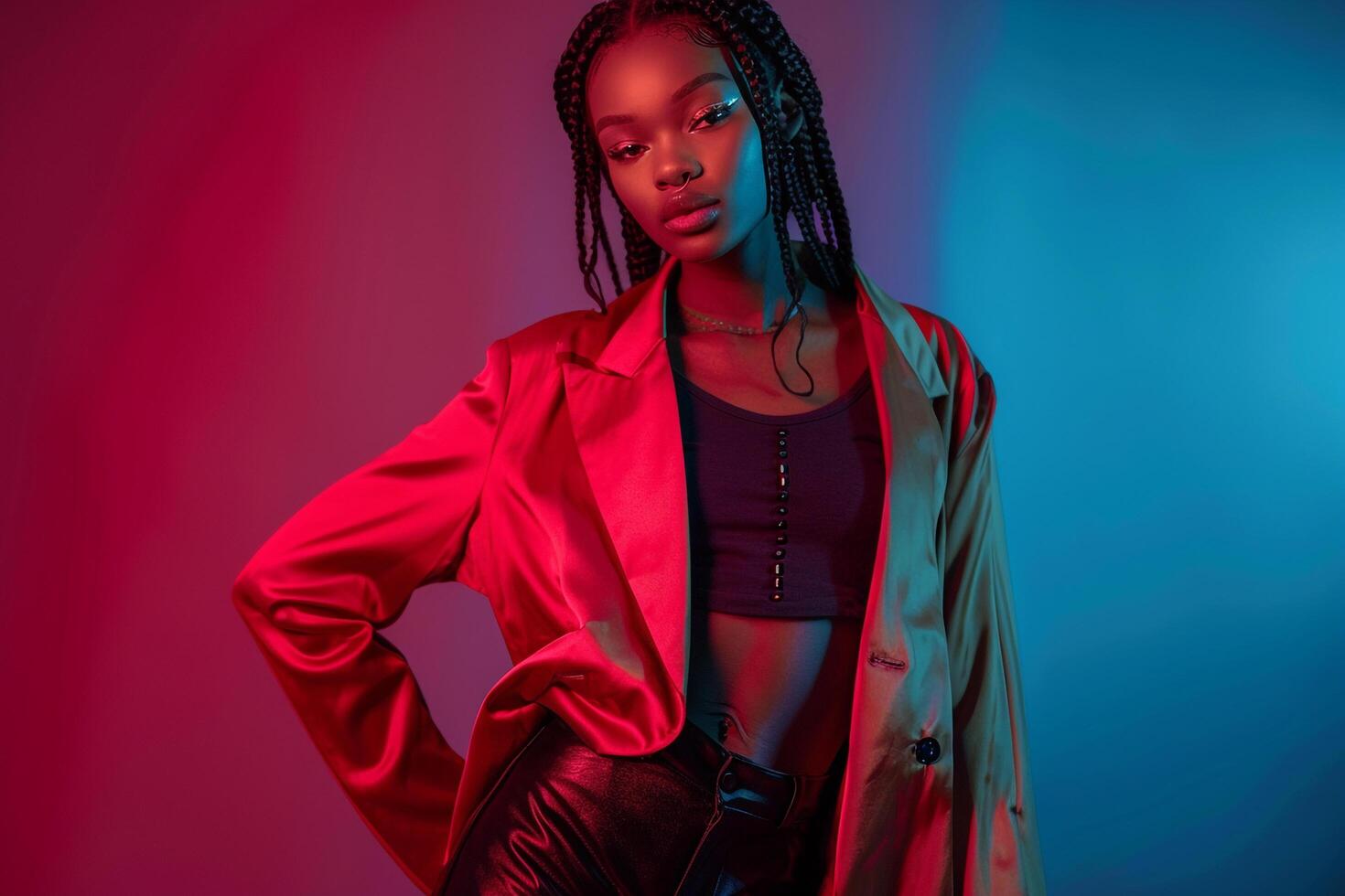 Model in High Fashion Ensemble with Rich Burgundy Background photo