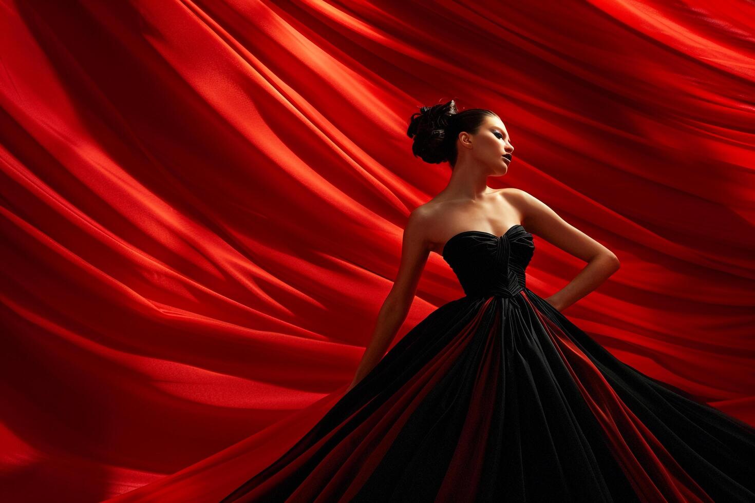 Model in Haute Couture Gown with Dramatic Red background photo