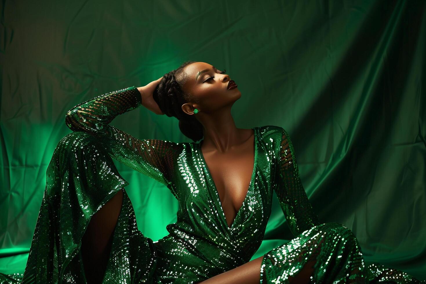 Model in Glamorous Ensemble with Rich Emerald photo