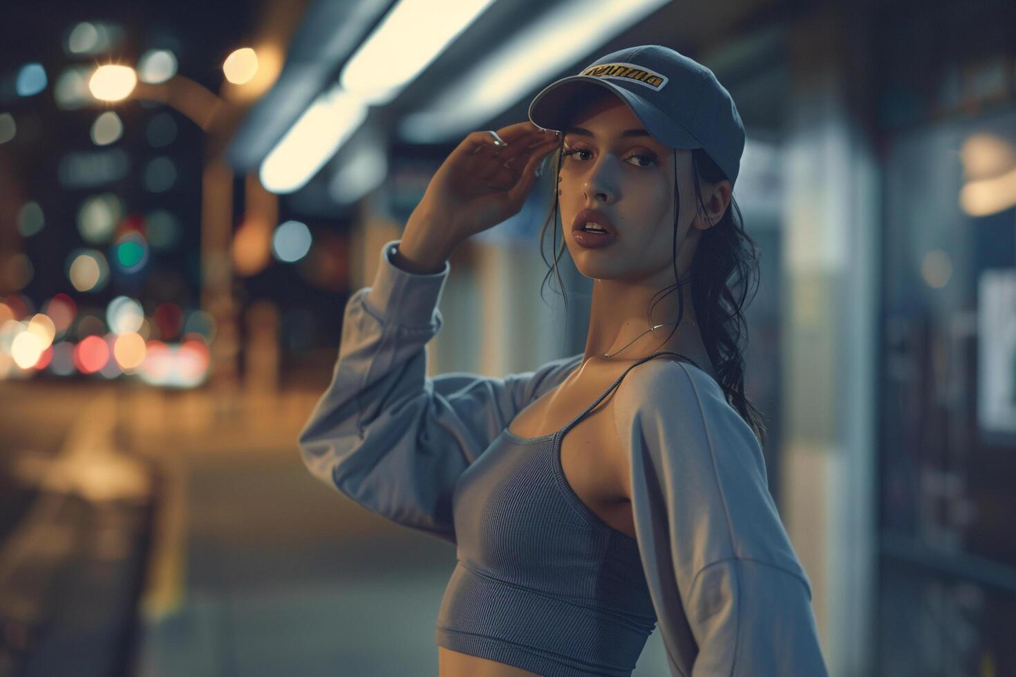 Model in Trendy Streetwear with Gray Urban Background and  Appeal photo