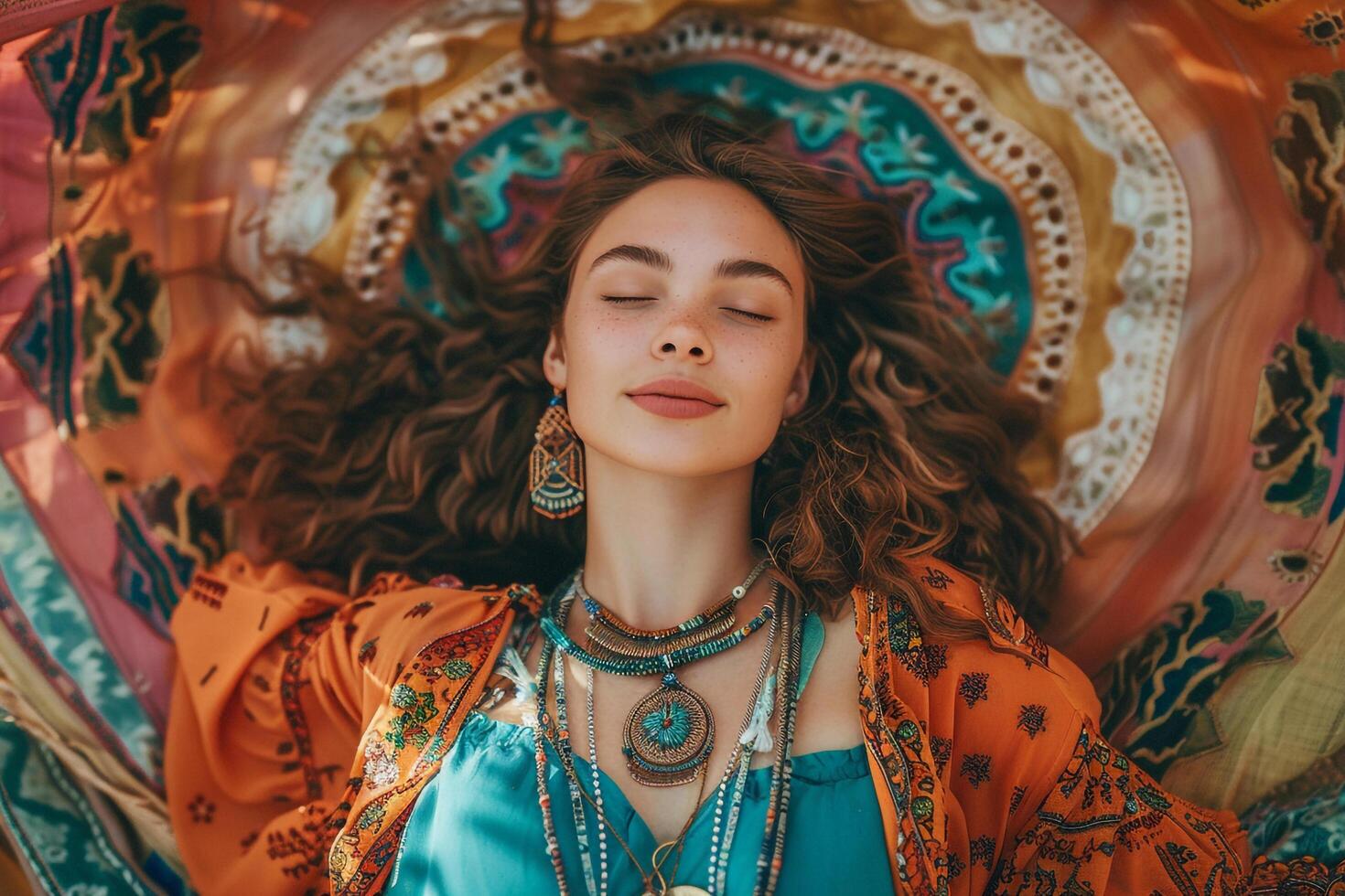 Model in Bohemian Outfit with Turquoise Highlights and  Flair photo
