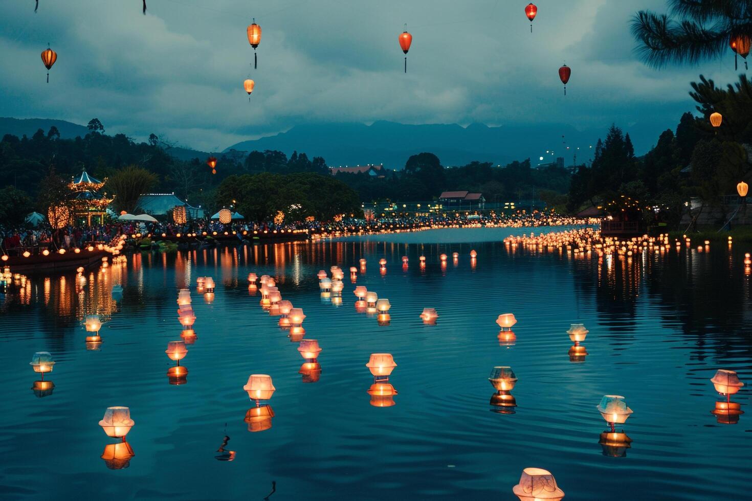 Enchanting Lantern Festival with Floating Lights on a Calm Lake Under the Stars Background photo