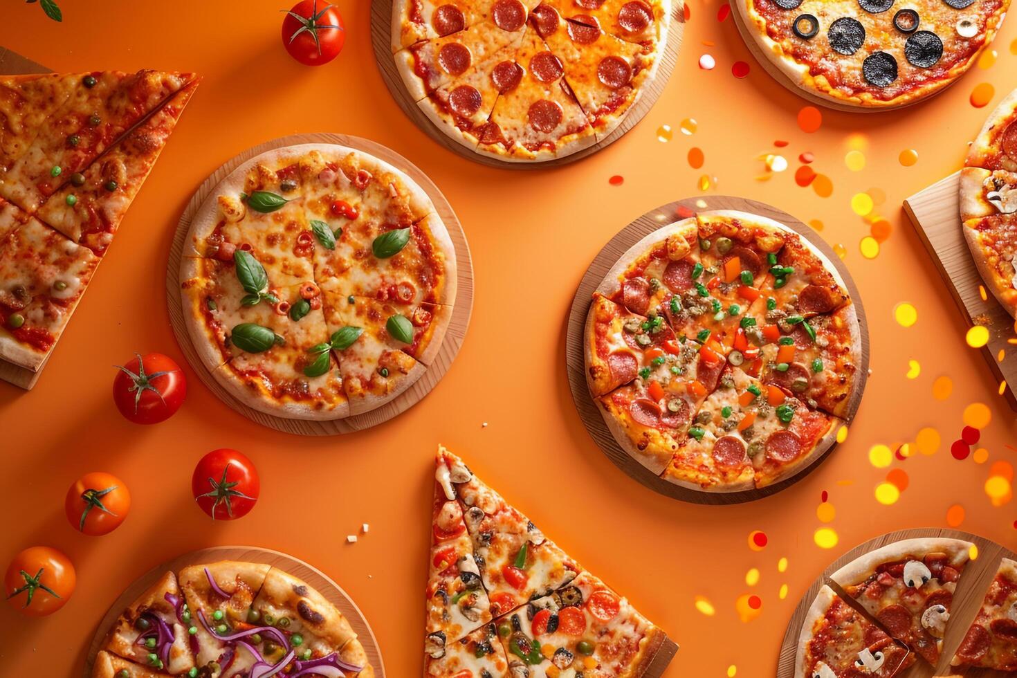 Pizza Party with a Variety of Assorted Pizzas and Festive Decor Background photo