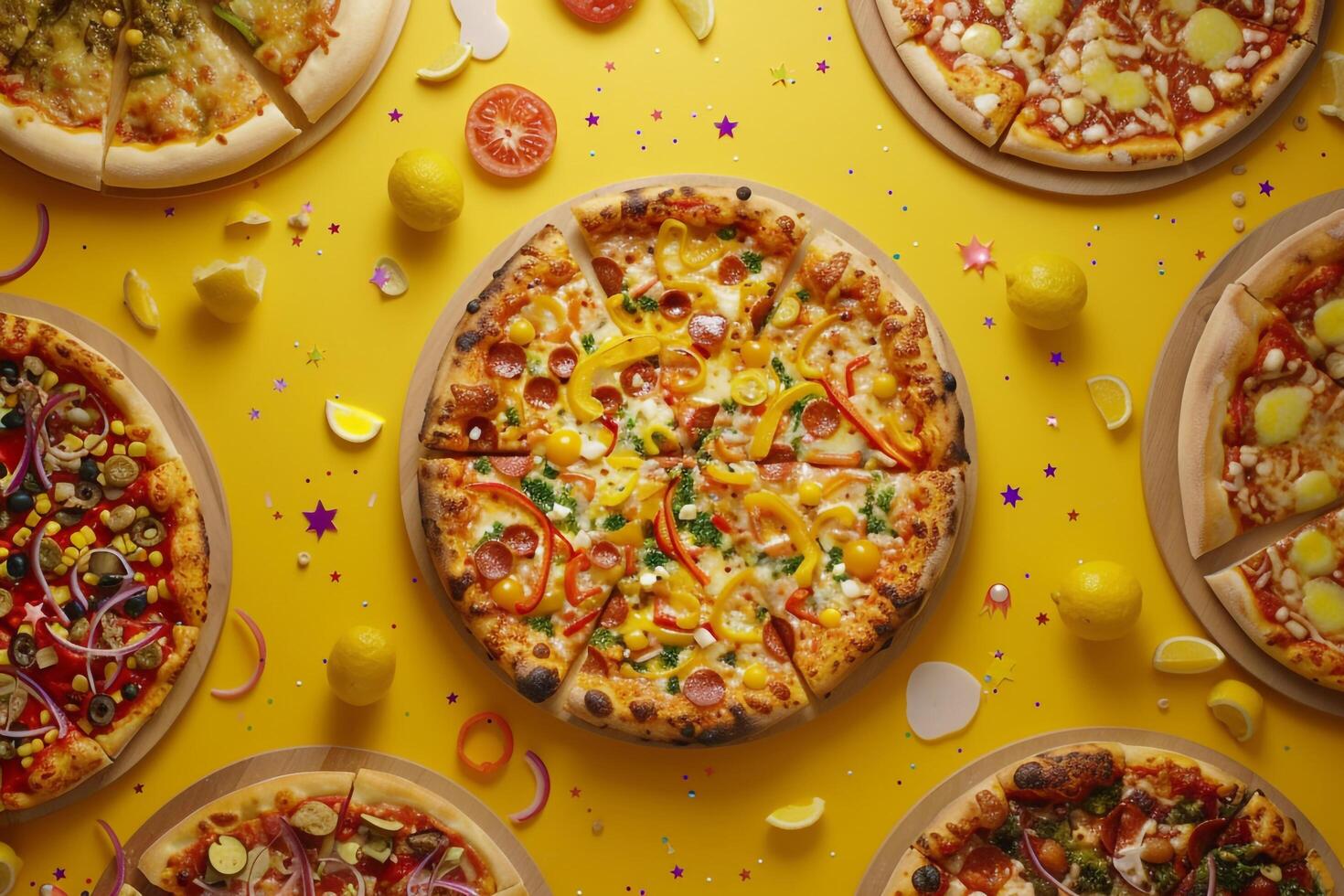 Festive Pizza Party with a Range of Assorted Pizzas on a ful Table photo