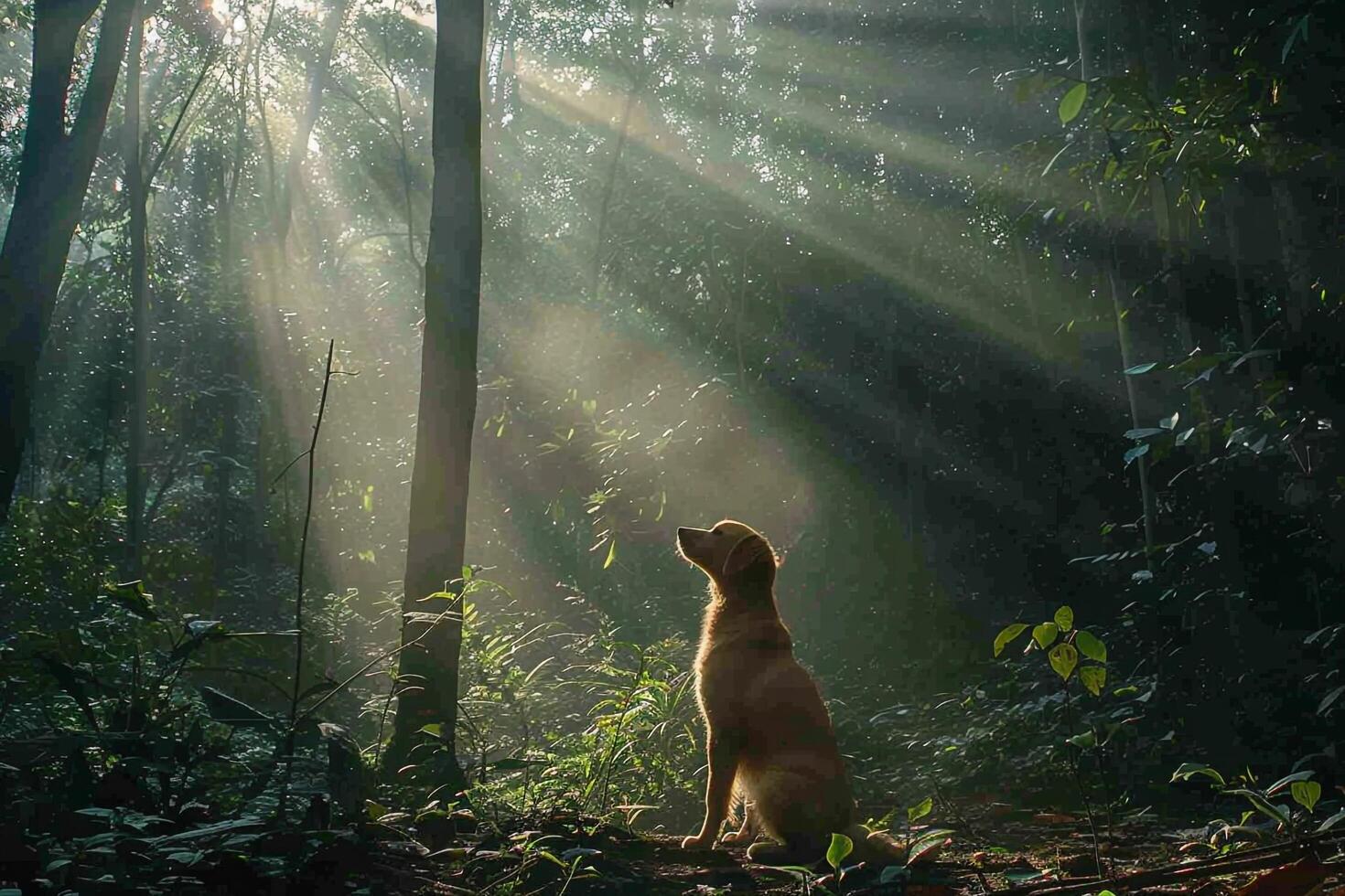 Dog Exploring a Dense Forest Path with Sunlight Streaming Through the Trees photo