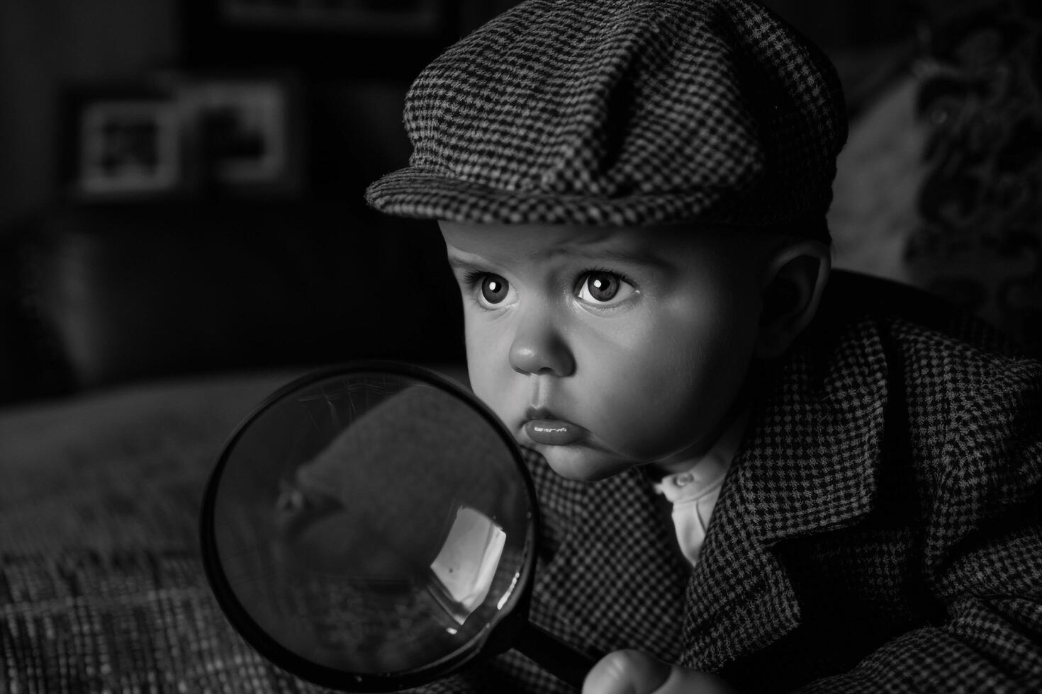 Baby in Noir Detective Outfit with Magnifying Glass Adorable and Vintage Costume Look photo